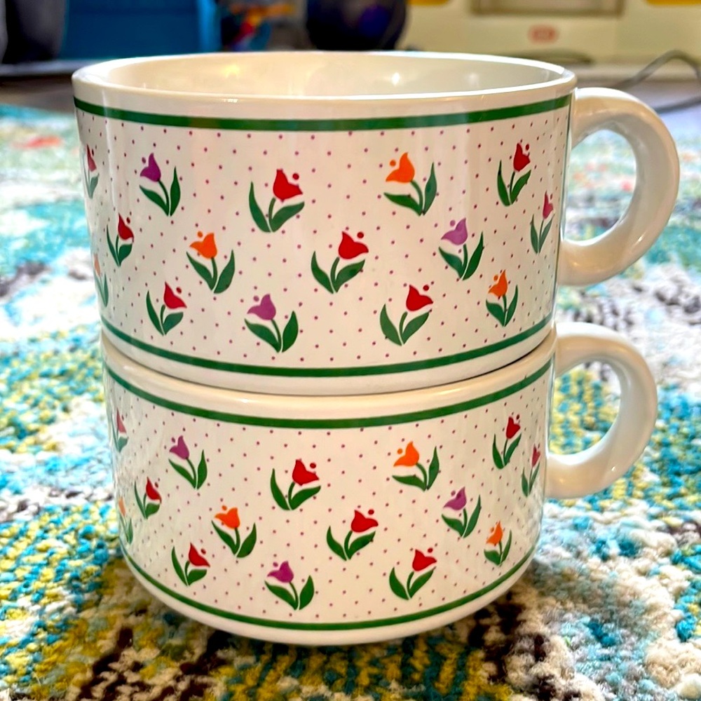Vintage Floral Pattern Soup Mugs, set of 2 - Picture 1 of 4